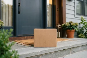 A cardboard box on the front porch of a house, ready for unboxing.