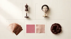 Display of doll customization options including wig, head, skin tones, and fabric swatches.