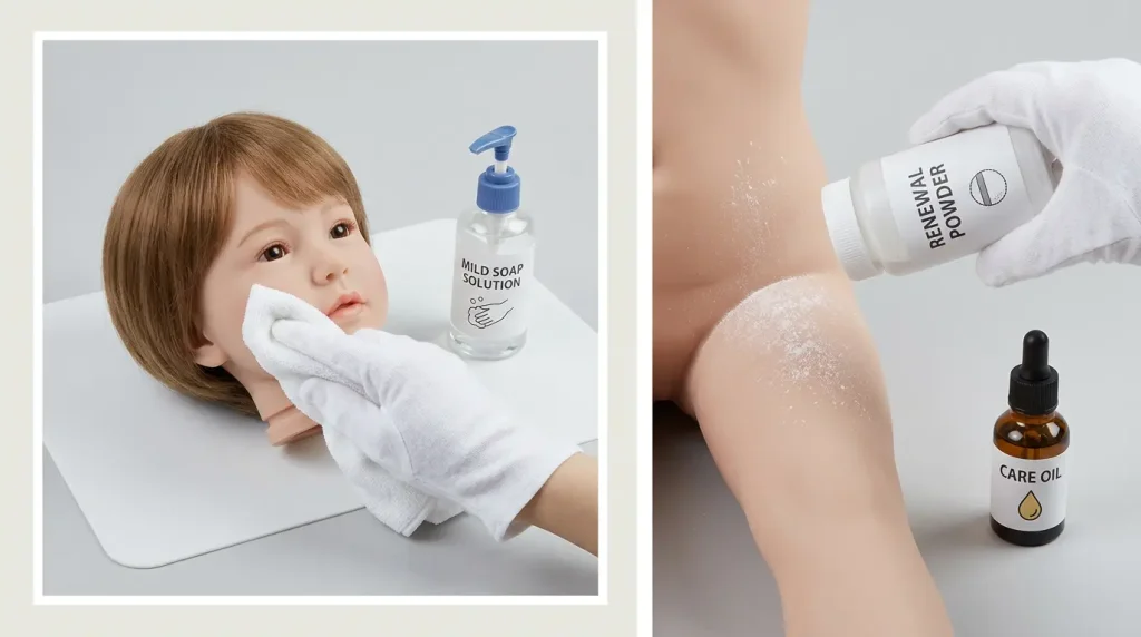 Illustrated view of hybrid doll maintenance showing a non-porous silicone head being wiped clean beside a porous TPE body receiving renewal powder and oil.