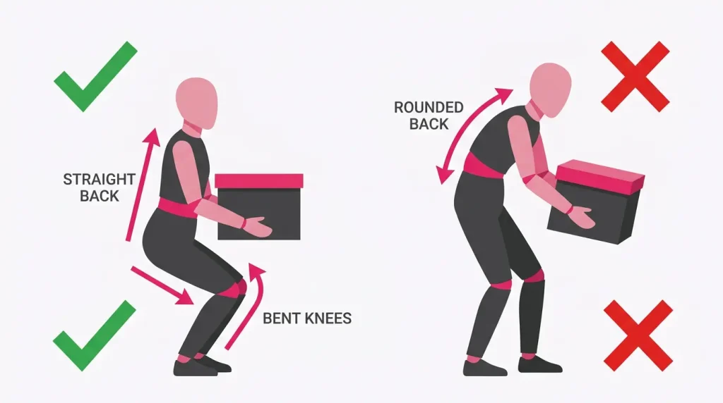 safe-lifting-technique-heavy-doll Diagram of correct lifting posture: bend the knees, keep the load close, do not twist your back