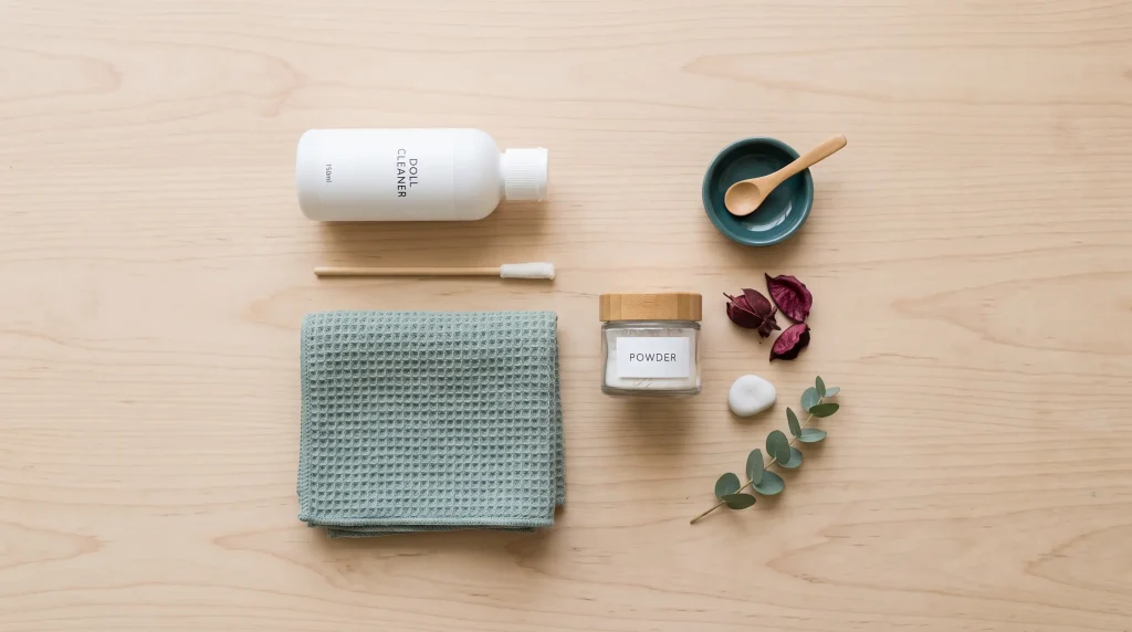 Overhead flat-lay of a doll care kit with antibacterial cleaner, a drying rod, renewal powder, and a soft towel