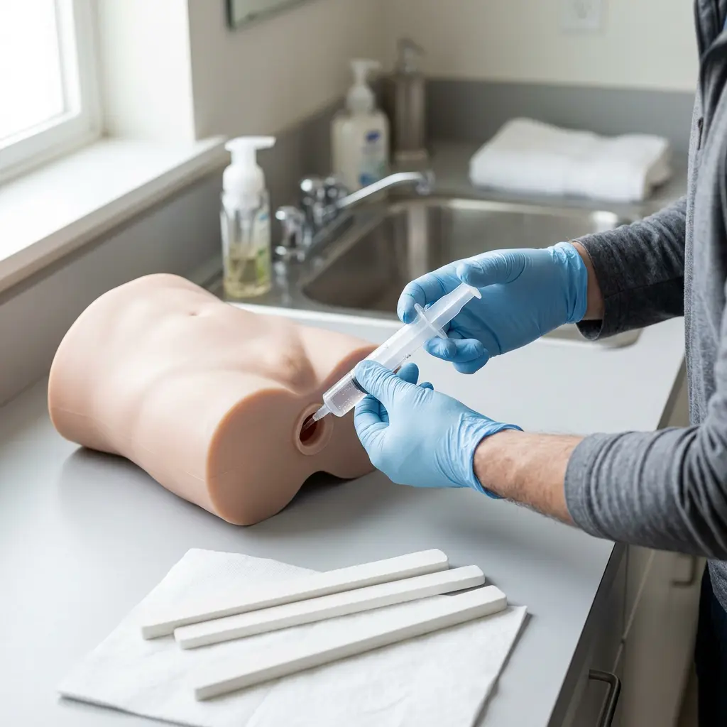 sex-doll-cavity-cleaning-drying Using an irrigator and drying sticks to clean and dry the interior cavities of a sex doll