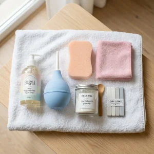 Cleaning supplies for sex doll care including soap, sponge, and brushes.