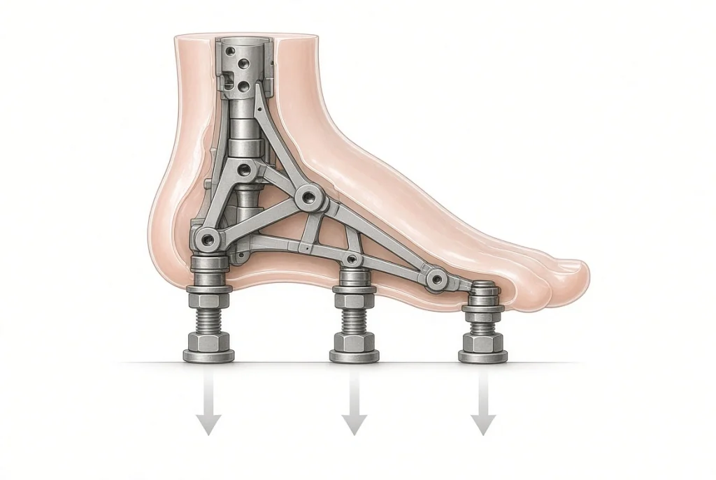 Cross-section diagram of sex doll standing feet showing three metal bolts that anchor the doll upright