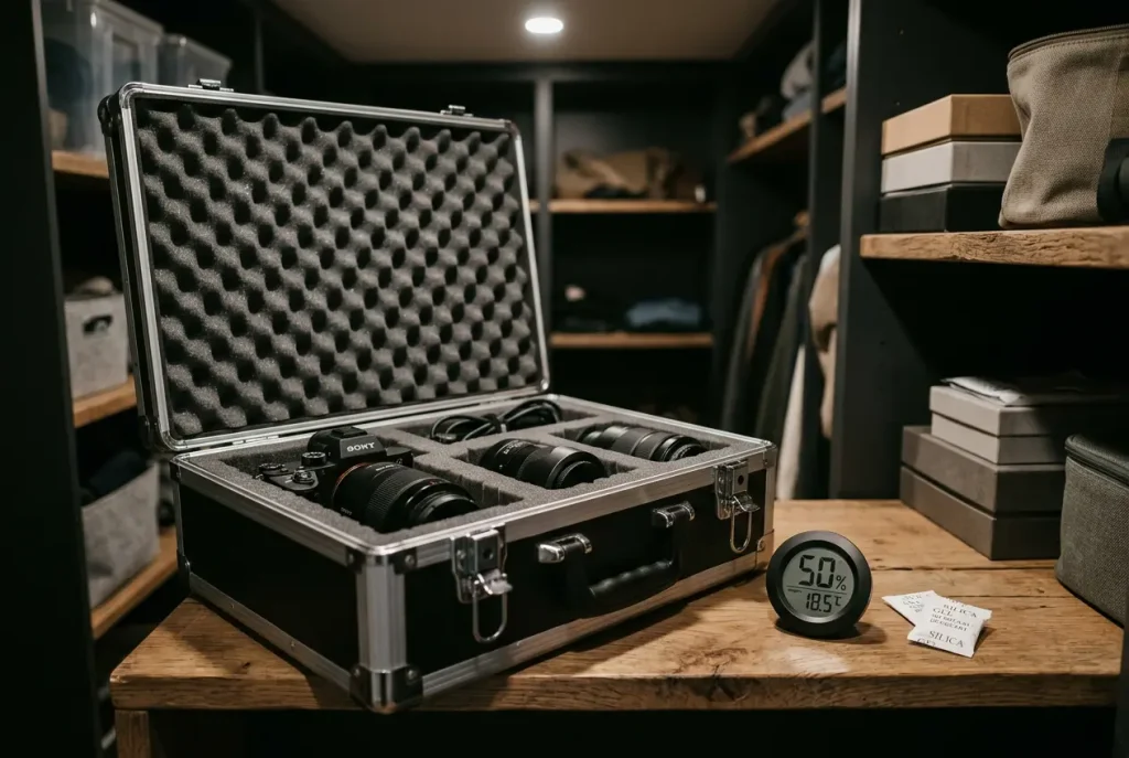 sex-doll-storage-conditions-setup Padded storage case with silica gel packets and a hygrometer showing ideal cool, dry conditions