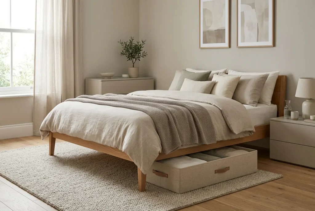 Large discreet under-bed storage box in a clean bedroom, illustrating safe and private sex doll storage