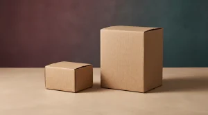 Two plain unmarked shipping boxes of different sizes comparing a compact torso doll and a larger full-body doll
