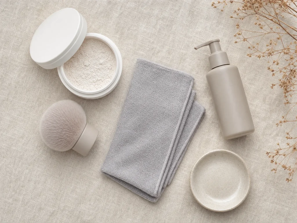 Flat lay of doll care supplies including renewal powder, a soft brush, a microfiber cloth, and a water-based lubricant bottle
