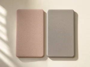 Side-by-side material samples of TPE and silicone sex dolls on a soft cream background