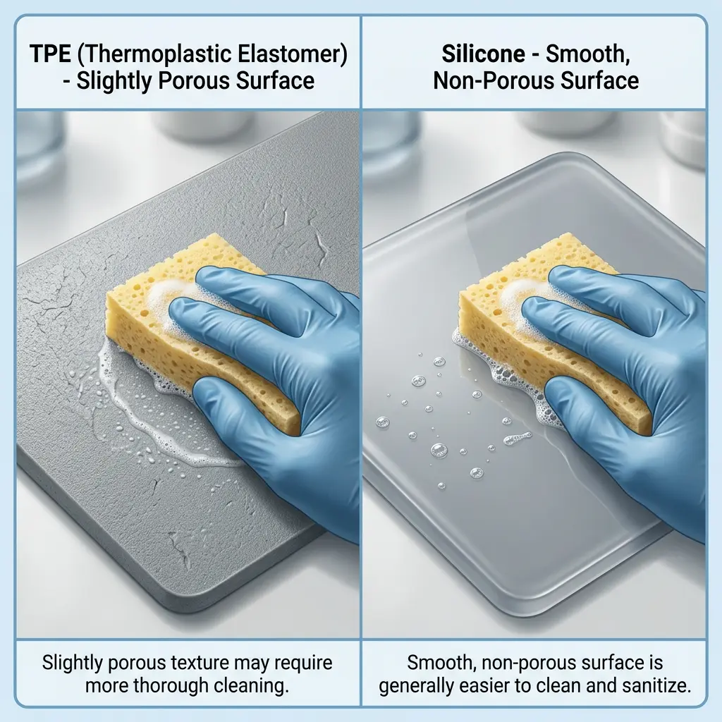 tpe-vs-silicone-sex-doll-care Side-by-side comparison of porous TPE and non-porous silicone sex doll skin surfaces during cleaning