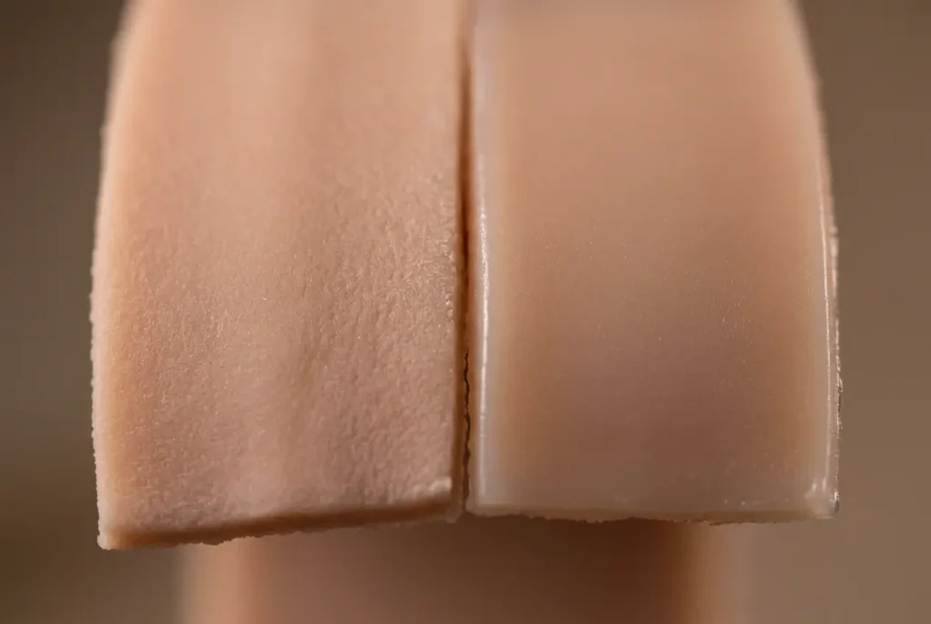 tpe-vs-silicone-sex-doll-material-comparison Side-by-side texture comparison of TPE and silicone materials