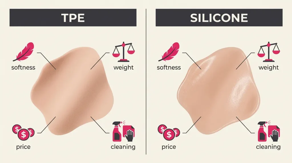 tpe-vs-silicone-sex-doll-material-comparison Side-by-side comparison of TPE and silicone doll materials showing texture, weight, and cleaning differences
