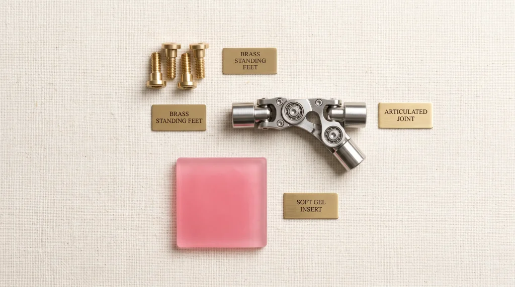Product flat lay of popular doll upgrades including standing feet bolts, an articulated skeleton joint, and a gel insert