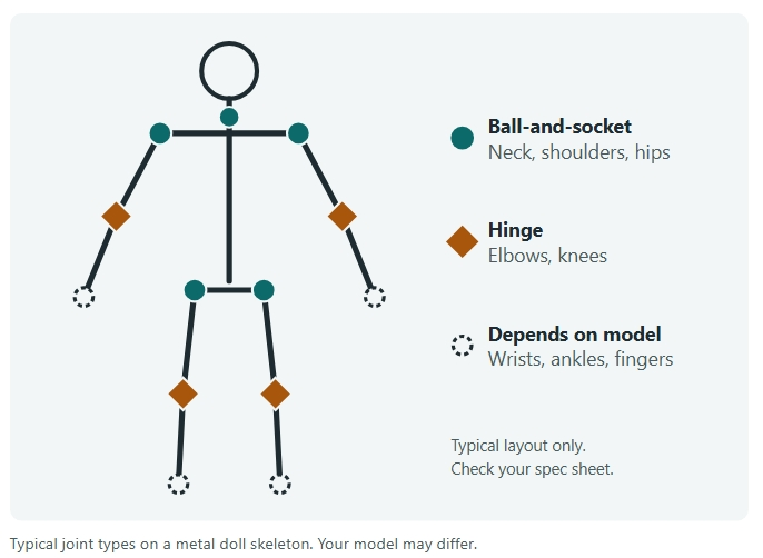 Typical joint types on a metal doll skeleton