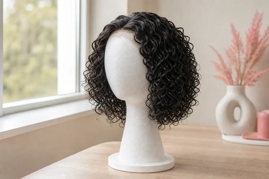 air-dry-doll-wig-on-stand A freshly washed synthetic doll wig air-drying on a white foam wig stand near a window, away from heat and direct sun