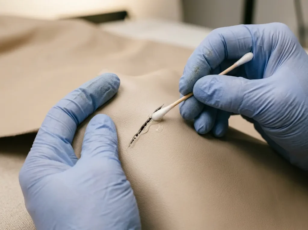 applying-tpe-glue-doll-tear-repair Gloved hands using a cotton swab to apply TPE glue to a small tear