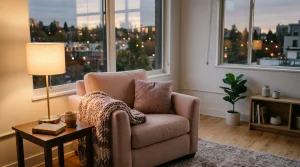 Empty armchair softly lit by a window at dusk, symbolizing the quiet loneliness many people feel at home