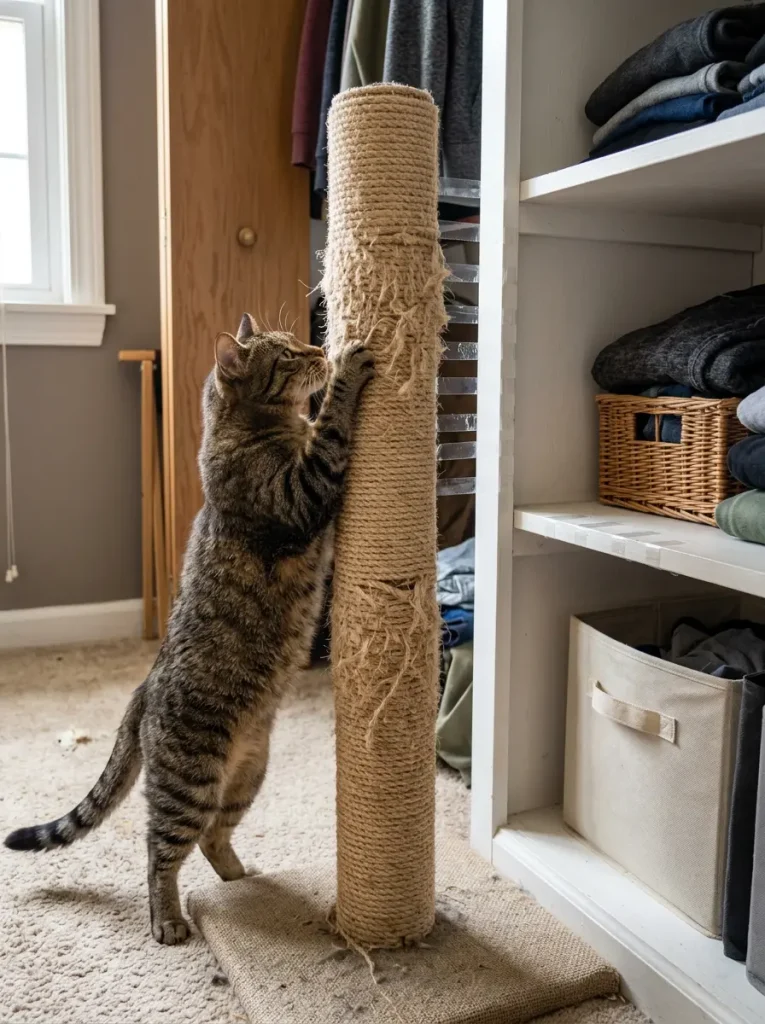 cat-scratching-post-pet-safe-deterrent A cat scratching a sisal scratching post next to a shelf edge lined with double-sided tape as a pet-safe deterrent