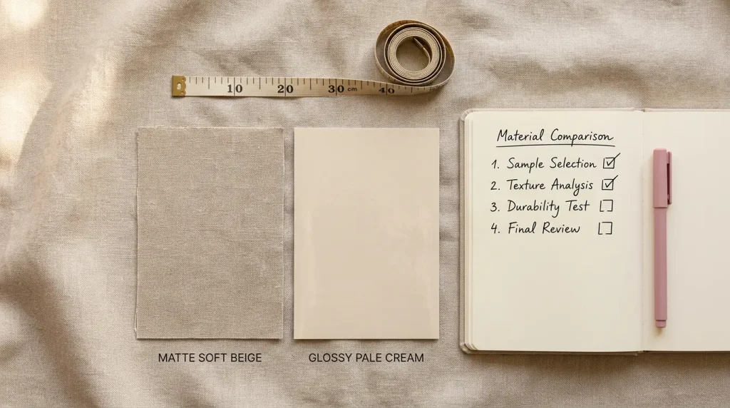 choosing-sex-doll-material-tpe-silicone Flat lay of soft and smooth material swatches next to a measuring tape and notebook, representing how to compare doll materials before buying