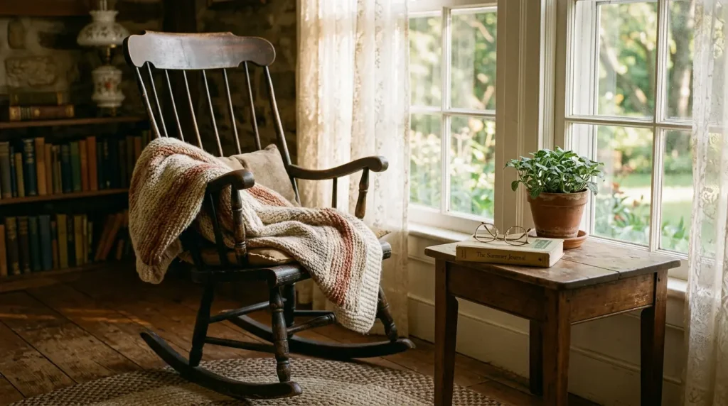 Empty rocking chair by a sunlit window symbolizing comfort through grief and aging