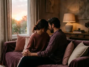 Couple sitting closely on a sofa having an open, warm conversation, silhouette lighting, representing honest communication before introducing a sex doll into a relationship