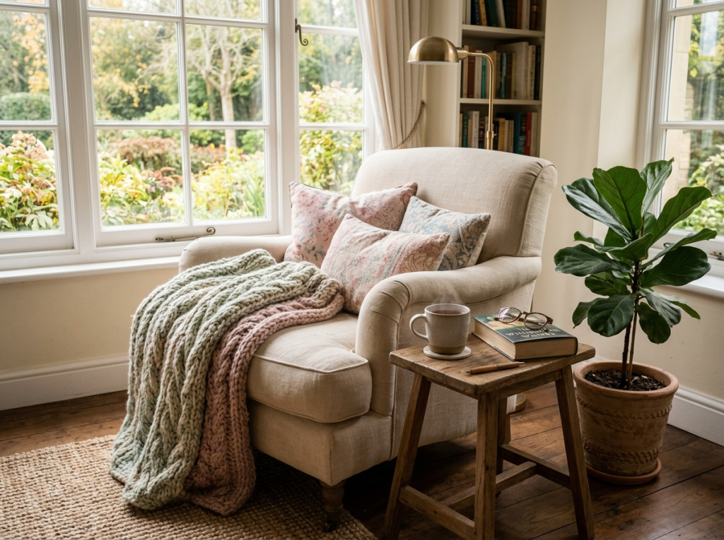 cozy-window-nook-companionship-comfort Cozy armchair by a window with a soft blanket, representing the comfort of companionship and routine during grief