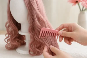 Hands using a wide-tooth comb to detangle a long synthetic doll wig on a stand, working from the ends upward to prevent frizz