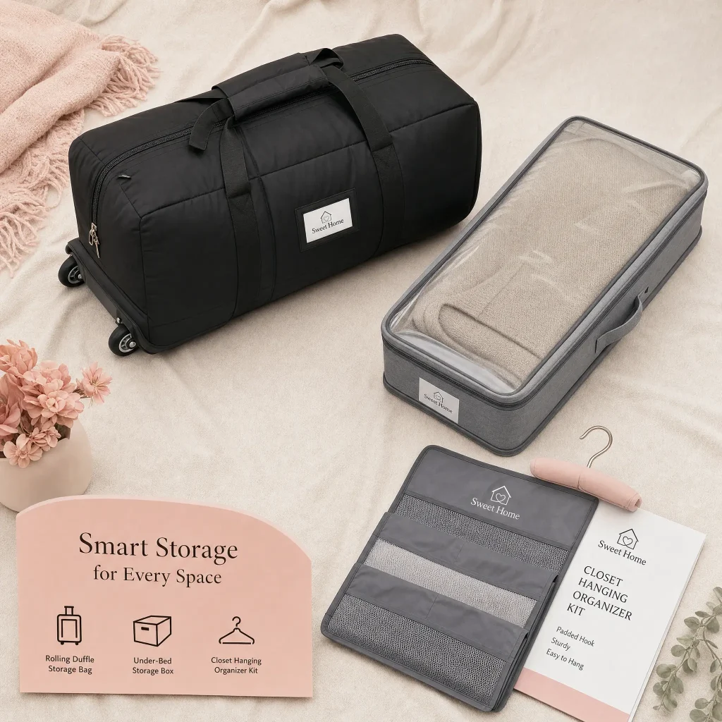Three discreet storage options shown together: a padded rolling storage bag, a flat under-bed storage box, and a closet hanging kit