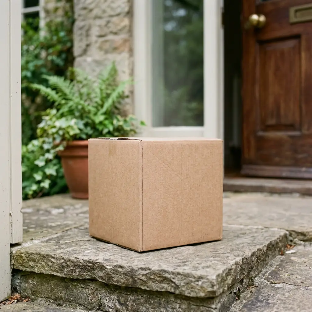 discreet-plain-shipping-box-privacy Plain unmarked brown shipping box on a doorstep, representing discreet and private packaging