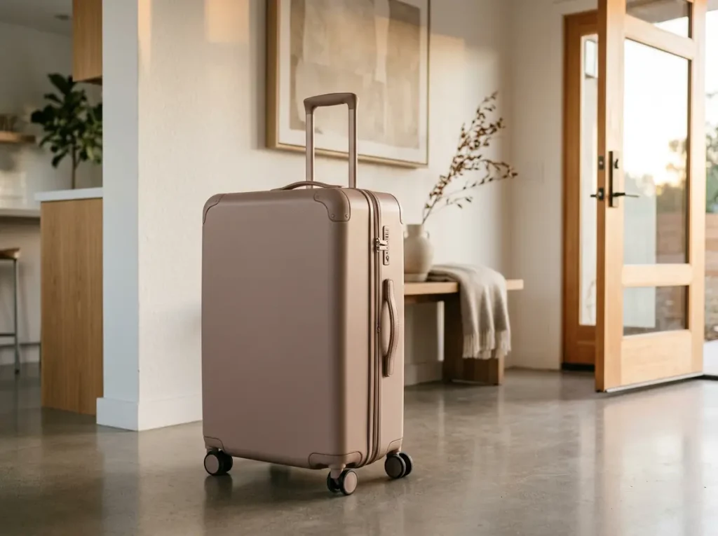 discreet-sex-doll-travel-storage-case Wheeled hardshell storage case that looks like ordinary luggage, packed and ready by the front door