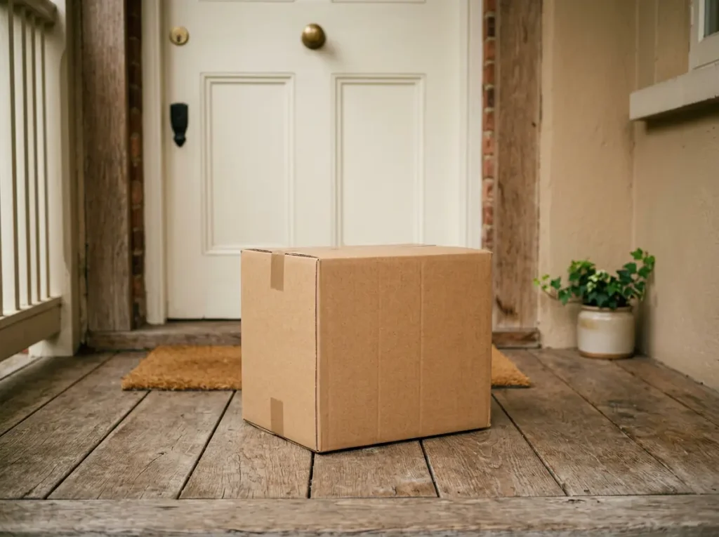 Plain unmarked brown cardboard box representing discreet sex doll vendor shipping