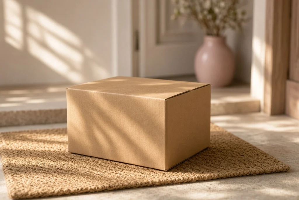 Plain unmarked shipping box on a doorstep, representing discreet packaging for a male doll order