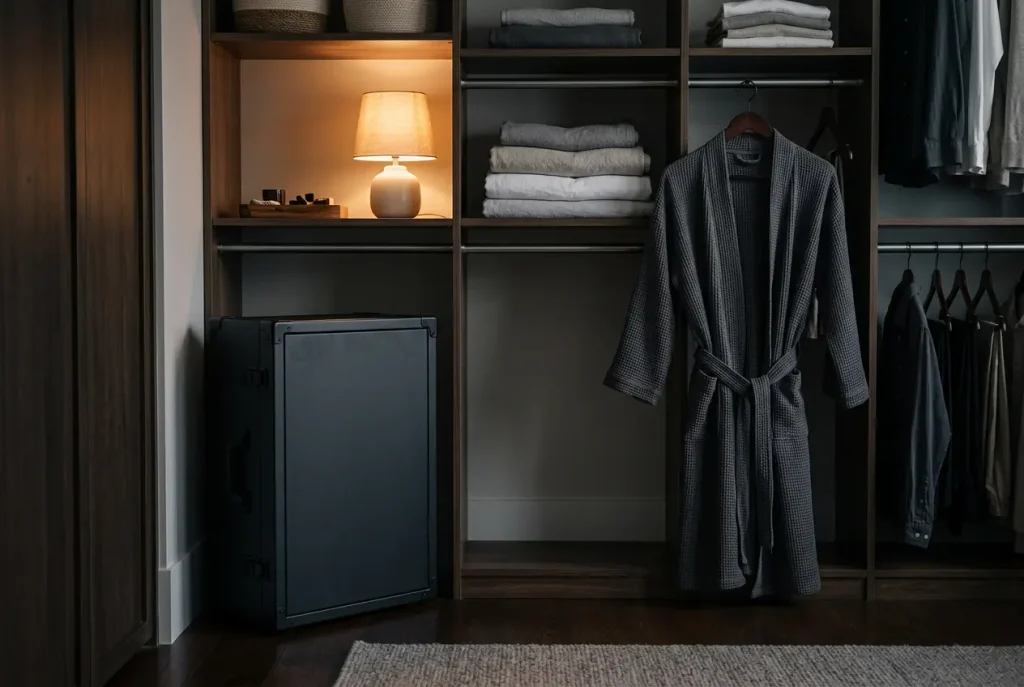 discreet-storage-case-privacy-bedroom Elegant dark storage case tucked discreetly into a bedroom closet, softly lit, illustrating private and cool storage that protects the doll and keeps use discreet