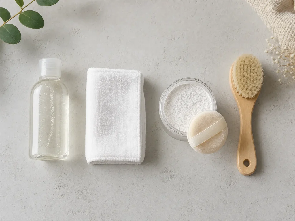 Flat lay of antibacterial cleanser, microfiber towel, and renewal powder for a 5-step doll cleaning routine