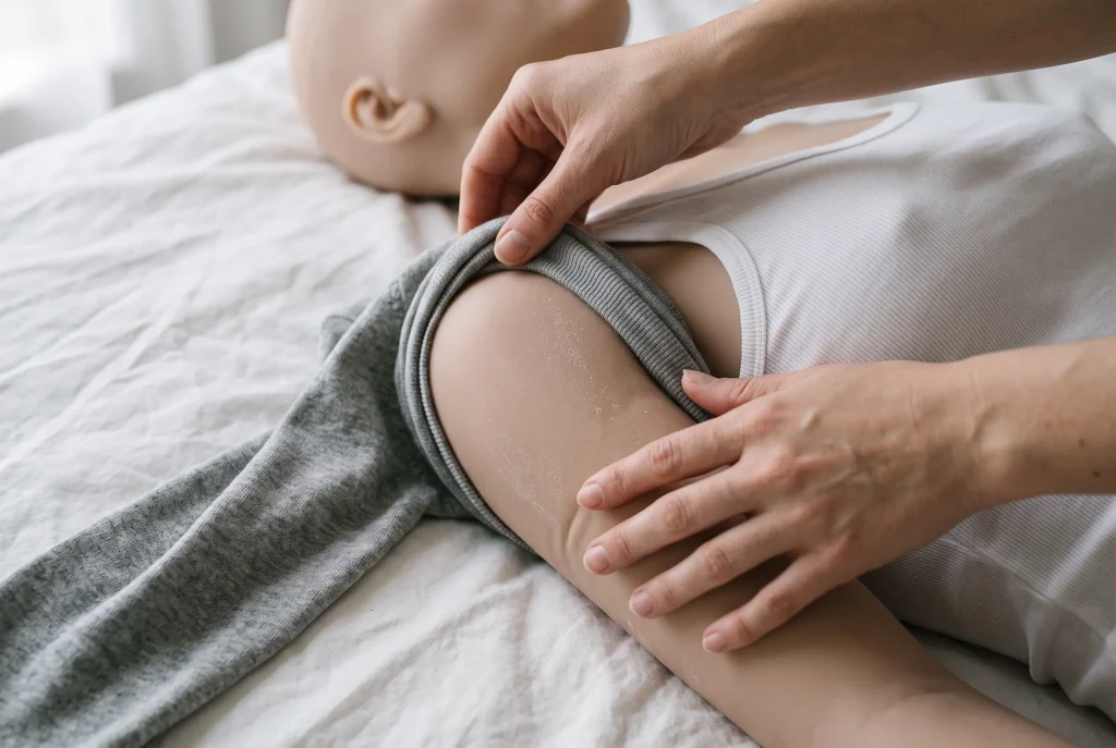 Close-up of hands carefully guiding a stretchy sleeve over the shoulder joint of a lifelike silicone doll to prevent tearing