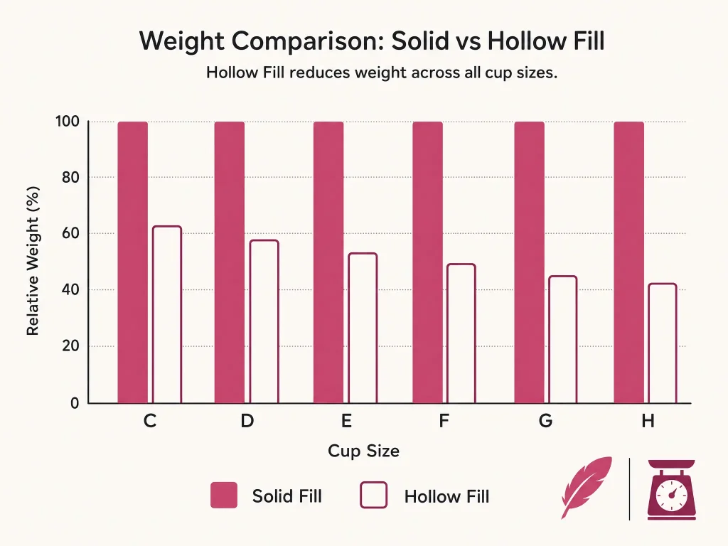 hollow-breast-weight-reduction-cup-size-chart Chart showing how hollow breast construction reduces weight compared to solid fill on large-cup dolls