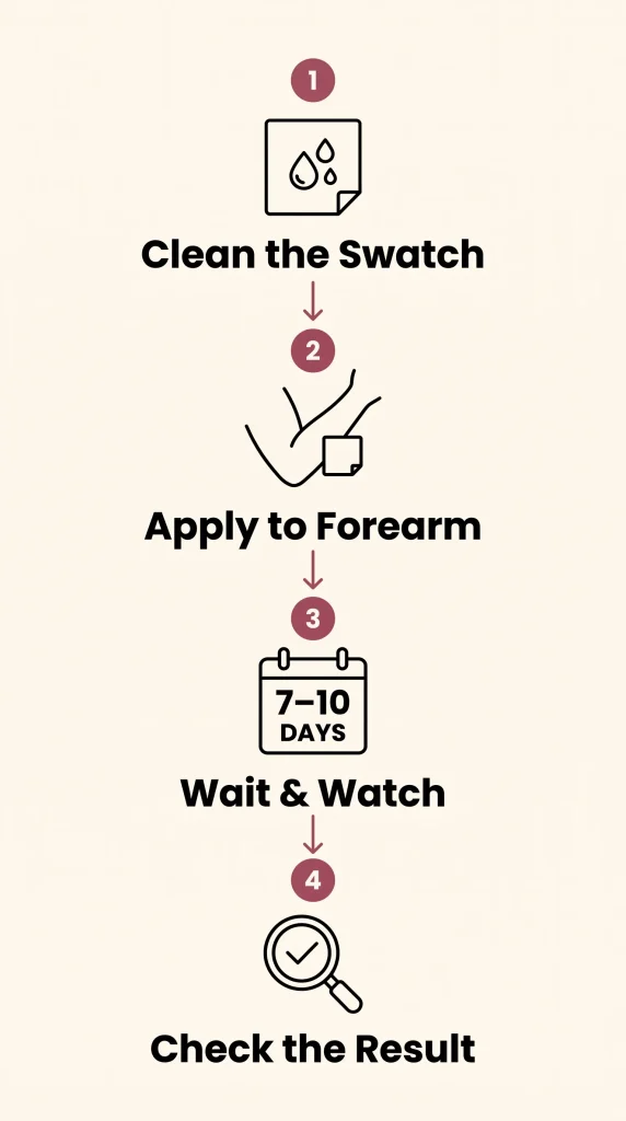 Four-step diagram showing how to patch-test a sex doll at home: clean a swatch, apply to your forearm, wait 7 to 10 days, then check the result