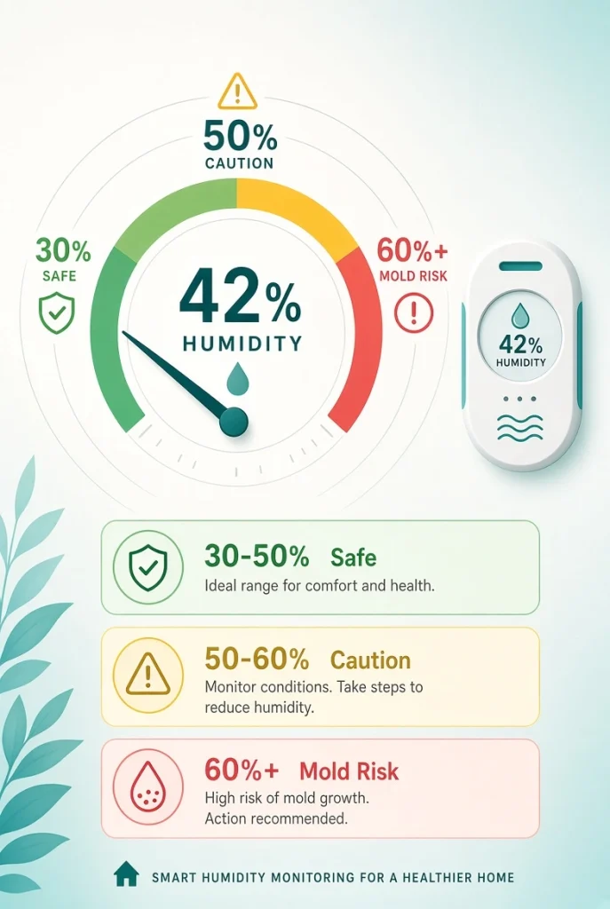 humidity-meter-safe-zone-doll-storage Illustrated humidity gauge showing the safe storage zone between 30 and 50 percent relative humidity, with a danger zone above 60 percent