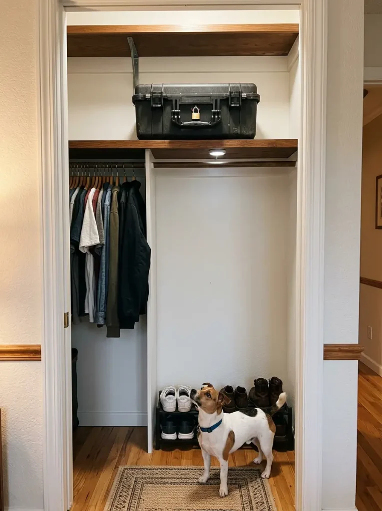 locked-doll-storage-case-closet-shelf A locked hard-shell doll storage case placed on a high closet shelf, safely out of reach of a small dog sitting below