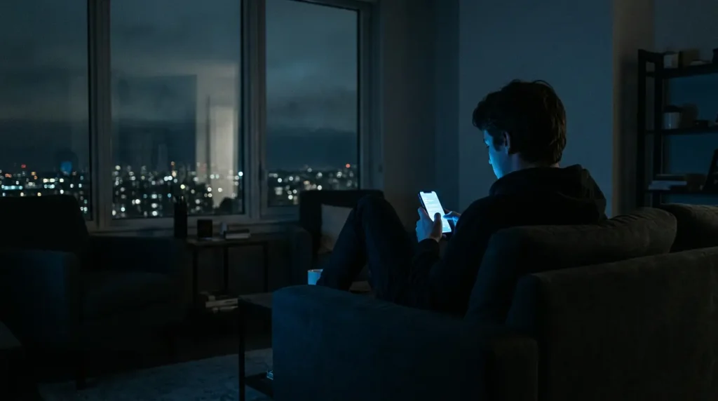 loneliness-isolation-modern-life Silhouette of a person sitting alone on a couch, lit only by a phone screen, representing modern social isolation
