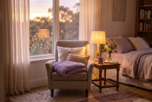 Warm, softly lit bedroom scene symbolizing quiet companionship and comfort for someone coping with social anxiety
