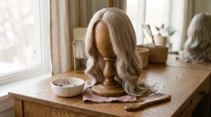 A synthetic wig resting on a wig stand next to a comb and small basin of water, ready for a gentle wash-day routine
