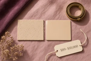 Flat lay of matte and glossy material swatches with a tape measure and price tag, symbolizing how to compare male doll materials and sizes