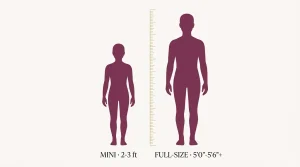 Silhouette comparison showing mini sex doll height of 2 to 3 feet next to full-size sex doll height of 5 feet or taller, with a measuring ruler