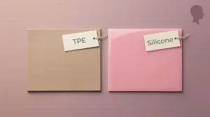 Guide comparing TPE and silicone oral-function sex dolls, showing material swatches and doll head silhouette