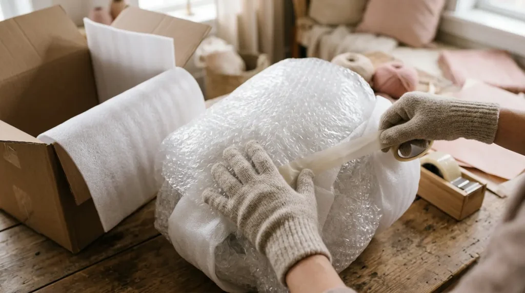 pack-sex-doll-bubble-wrap-foam-steps Hands wrapping a fragile item in bubble wrap and foam padding beside an open moving box
