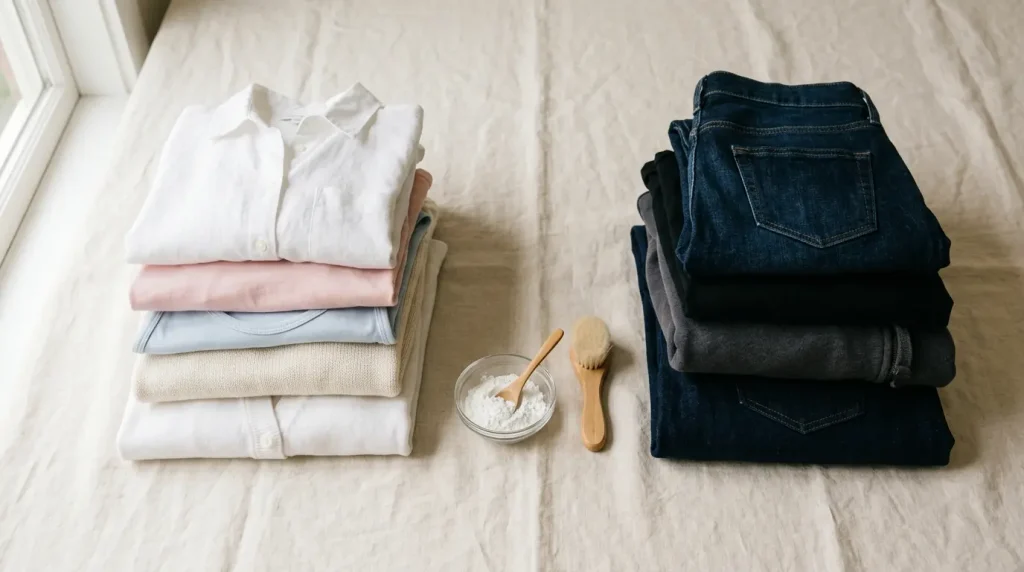 Folded light cotton clothing beside dark denim, showing safe versus staining fabrics for a TPE doll, with cornstarch powder.