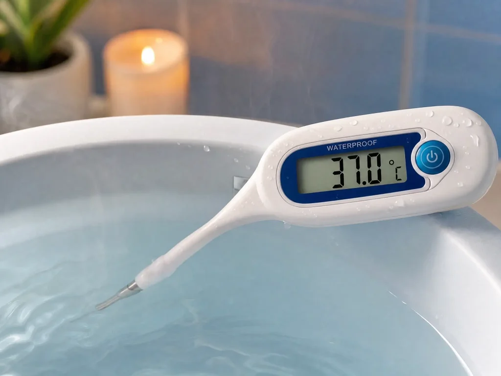 safe-water-temperature-sex-doll-40c Digital thermometer measuring warm water at 40°C (104°F) in a basin for safely warming a sex doll