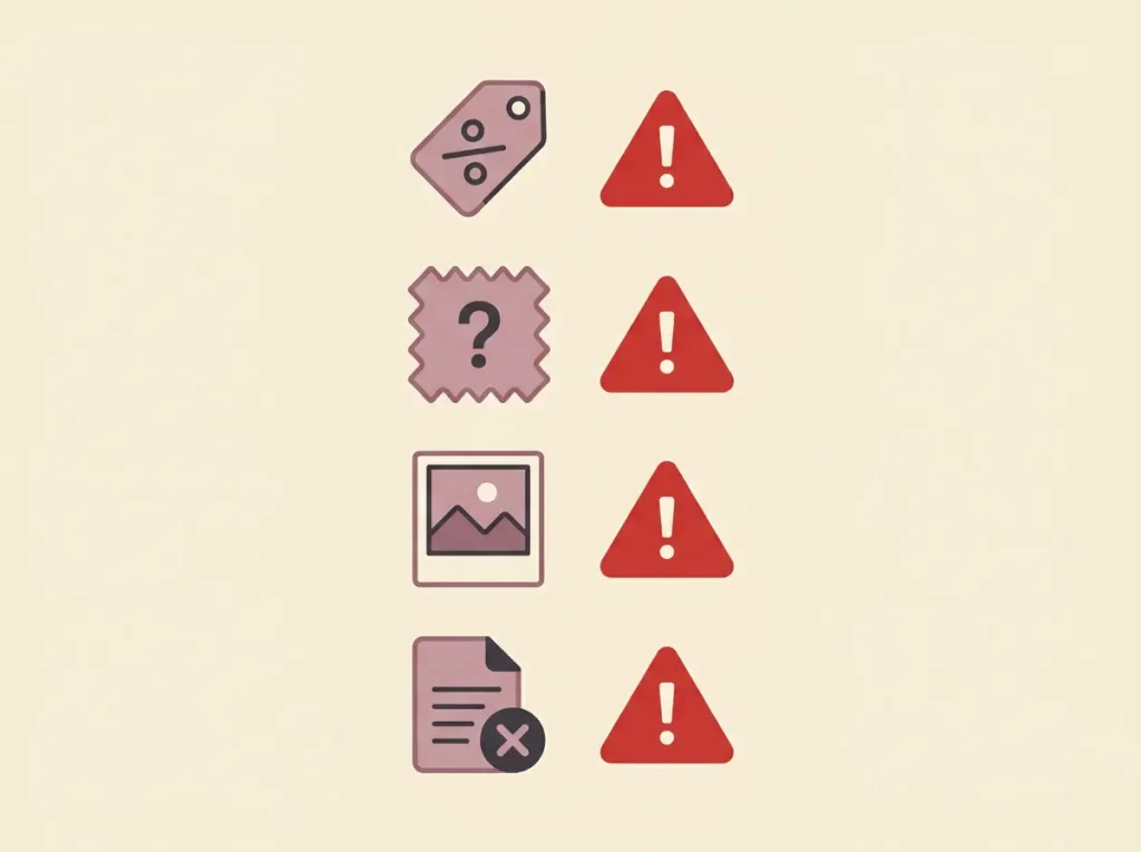 Checklist graphic showing common sex doll buyer red flags like low prices and unclear material labeling