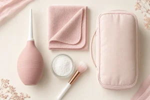 Sex doll care kit with irrigator, microfiber cloth, renewal powder and storage bag laid out on a neutral background
